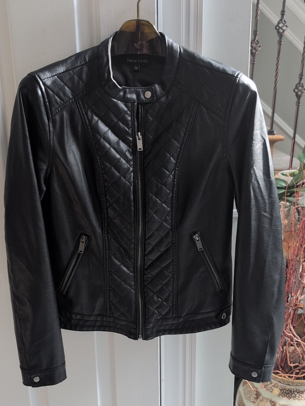 New Look Black Quilted Panel Faux Leather Moto Jacket Size L